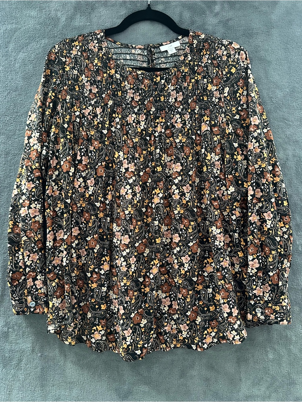 J. Jill Black Floral Top with Brown & Cream Accents